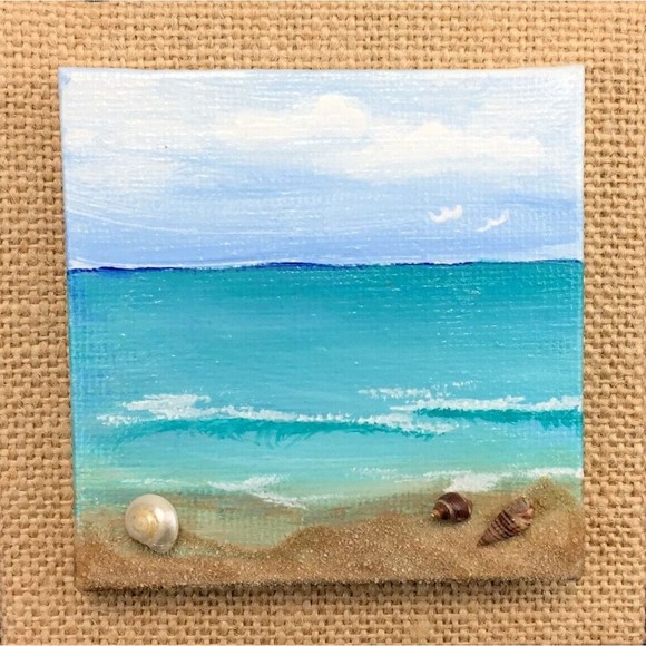 Original Mini Painting Beach Seashore Mixed Media Acrylic Ocean Sand Seashells - Picture 2 of 4